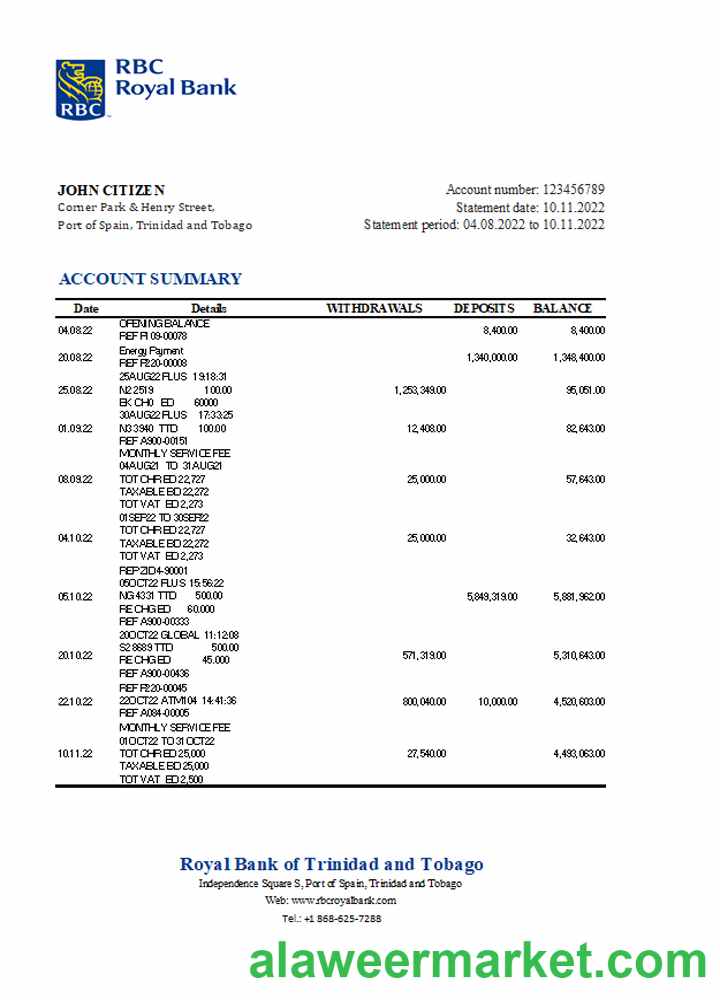 Trinidad and Tobago Royal bank statement, Excel and PDF template